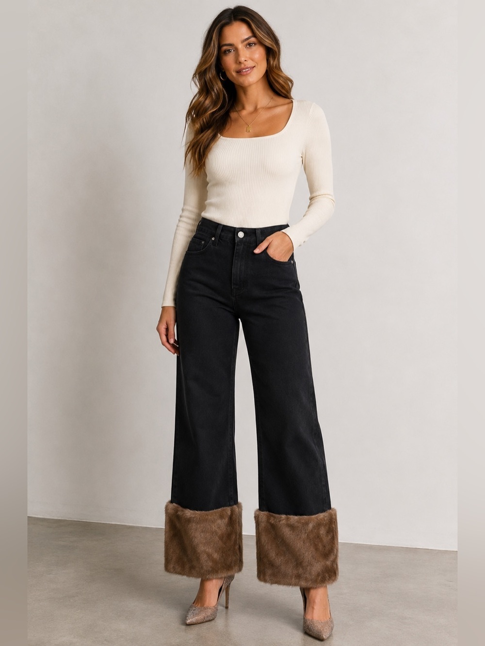 NWT WeWoreWhat Womens Black Straight Leg Jeans with Faux Fur Cuffs, Size 27